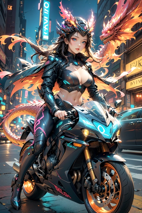  China-Chic style, Cyberpunk style, girl riding motorcycle and handsome dragon body, super cool. The background is a bustling urban night scene, with motorcycles running on the highway.The girl is wearing a black leather jacket and a black helmet, with the dragon body flashing blue neon lights and the tail emitting flames. Full of dynamism, vivid colors, and a futuristic feel., 1girl