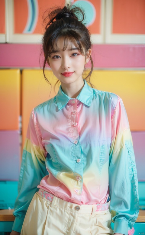  80sDBA style, fashion, (magazine: 1.3), (cover style: 1.3),Best quality, masterpiece, high-resolution, 4K, 1 girl, smile, exquisite makeup,(Green and Cyan and Pink | Silk shirt, Gradient:1.2), lace
