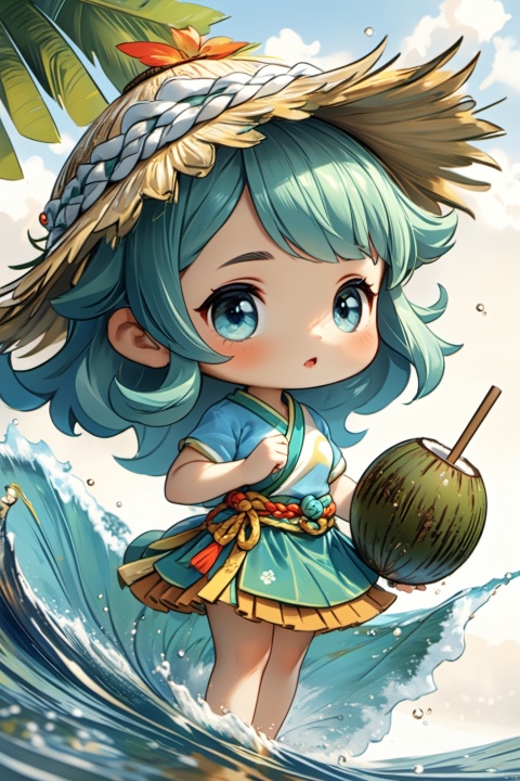  guoguo,chibi,A cute girl wearing a coconut hat and a skirt made of seaweed,with blue wavy hair,beside a split coconut,high-definition photo,high-quality picture,intricate,detailed,sharp focus,dramatic,photorealistic painting art by midjourney and greg rutkowski.,,