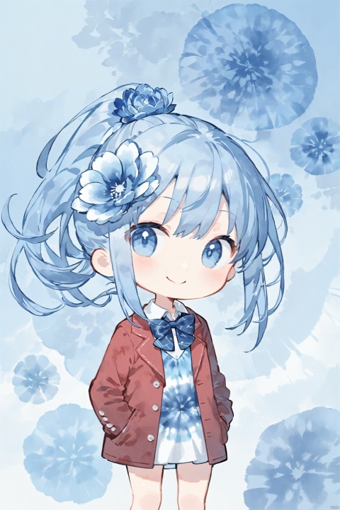 pink hair,  chibi, minimalist style , blue theme,Tie dyeing,tie dyeing style,loli,petite,long hair,red Jacket,high ponytail,collared shirt,hair flower,fipped hair,floating hair,Frown,hands in pockets,dress,bowtie,(solo),smile, solo, Kaleidoscope pattern