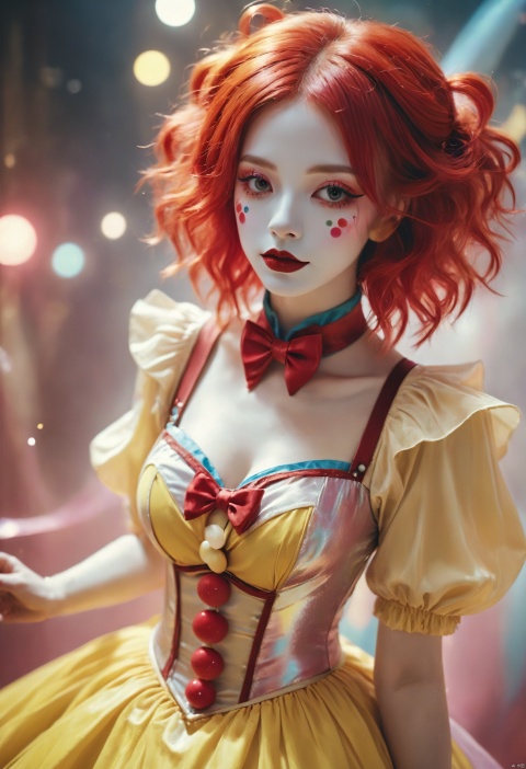  (disposable photography) a woman dressed as a clown with red hair, in the style of magical girl, colorful moebius, light yellow and dark crimson, loose and fluid, stylish costume design (style of Gris Grimly), glow