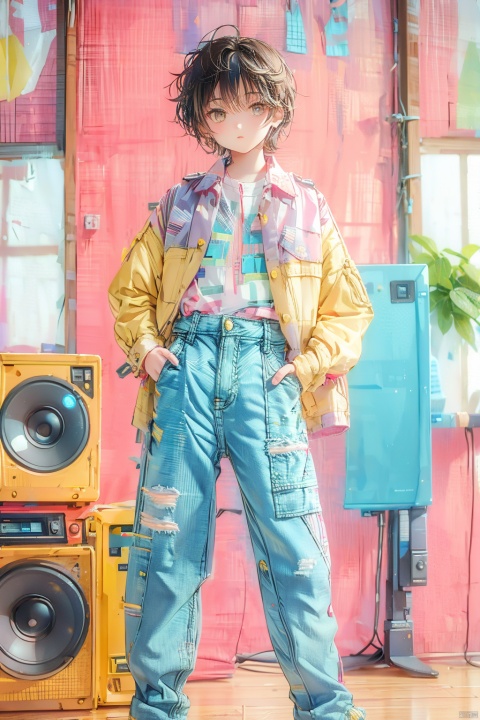  ((Masterpiece)), ((Best Quality)),80sDBA style, 1girl, solo, looking at viewer, short hair, brown hair, shirt, long sleeves, brown eyes, jewelry, standing, jacket, parted lips, open clothes, striped, pants, bracelet, torn clothes, feet out of frame, denim, instrument, pink shirt, yellow shirt, jeans, blue pants, pink jacket, print shirt, torn pants, speaker, torn jeans