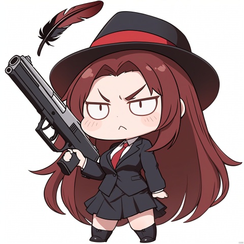  o_o, masterpiece, best quality, 1girl, red hair, hat, hat feather, scowl, chibi, Simple background,white background,holding a gun,Raise the pistol towards the camera