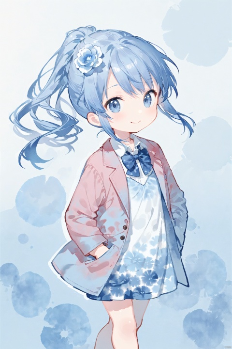 pink hair,  chibi, minimalist style , blue theme,Tie dyeing,tie dyeing style,loli,petite,long hair,red Jacket,high ponytail,collared shirt,hair flower,fipped hair,floating hair,Frown,hands in pockets,dress,bowtie,(solo),smile, solo, pattern