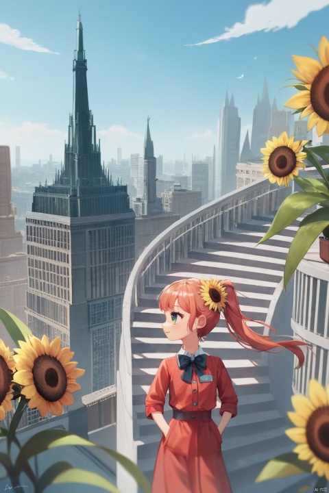  score_9, score_8_up, score_7_up, score_6_up,good background,anime,
Endless Steps, Climbing stairs, CG, loli,petite,long hair, red Jacket,high ponytail,collared shirt,hair flower,fipped hair,floating hair,Frown,hands in pockets,dress,bowtie,(solo),sky, skyline, skyscraper, smile, solo, sunflower, tower