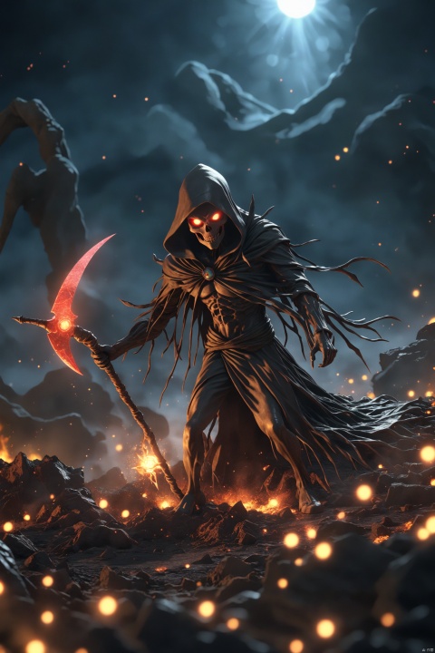 Dream-On Style, 3D render, a boss level glowing black and red celestial god reaper-like pokemon holding a glowing Death Scythe, in hell, dark magic, VFX, award-winning picture, highly detailed, ultra-high resolutions, 32K UHD, sharp focus, best quality, masterpiece