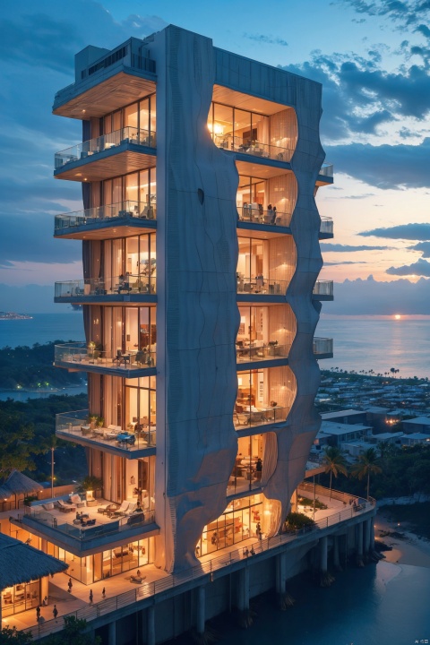 A futuristic seaside city at sunset, blending modernity with nature, with floating buildings and glass curtain walls reflecting the evening glow, where people leisurely stroll on the beach. A tropical seaside city, with white sands, azure seas, and lush greenery, featuring an eco-friendly high-tech residential area powered by sustainable energy.