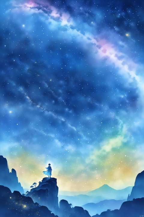  Tie dyeing style, Tie dyeing,Shinkai Makoto style, a whimsical digital illustration of a solitary figure standing on a cliff overlooking the vast starry sky. The figure has a wistful expression, his hair blown by the wind and his robe flowing. The sky is filled with rotating galaxies and constellations, creating a fantastic atmosphere. Bright colors, ethereal lights