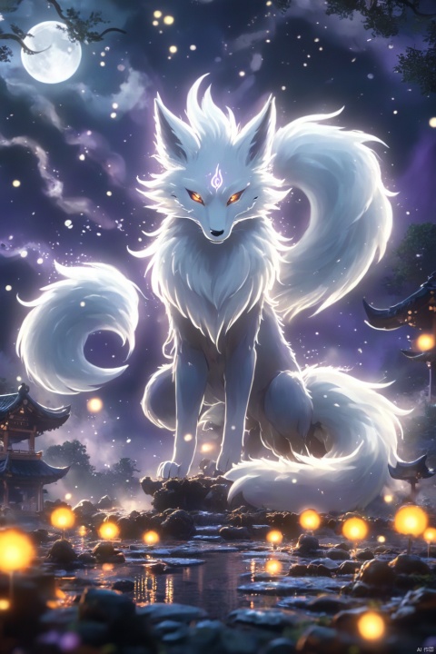  Key words: nine-tail demon fox spirit
; result word count: 200

Nine-tailed demon fox spirit, the core body is demon fox, the main action is to walk between the ancient shrines, the style is mysterious and elegant, the light effect is soft, the moonlight sprinkles on the fox's nine tails, the color is dark purple and silver, and the visual angle is looking up, showing the majesty and beauty of the demon fox, exquisite quality and full of dynamic feeling. It is ordered that this painting shows the mysterious charm of the nine-tailed fox spirit, which echoes with the ancient flavor of the shrine. Create a supernatural atmosphere.