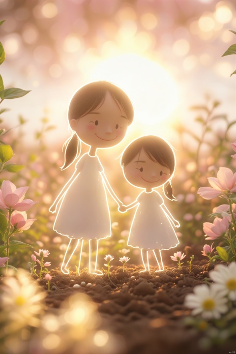a cute mother and daughter hugging each other, surrounded by flowers and eggs in the style of dreamy landscapes with soft atmospheric perspective, childlike innocence and charm with cartoonish character design featuring bold shapes and cute characters against a pink background