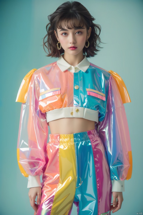 Best quality,masterpiece,transparent color PVC clothing,transparent color vinyl clothing,prismatic,holographic,chromatic aberration,fashion illustration,masterpiece,girl with harajuku fashion,looking at viewer,8k,ultra detailed,pixiv, 80sDBA style