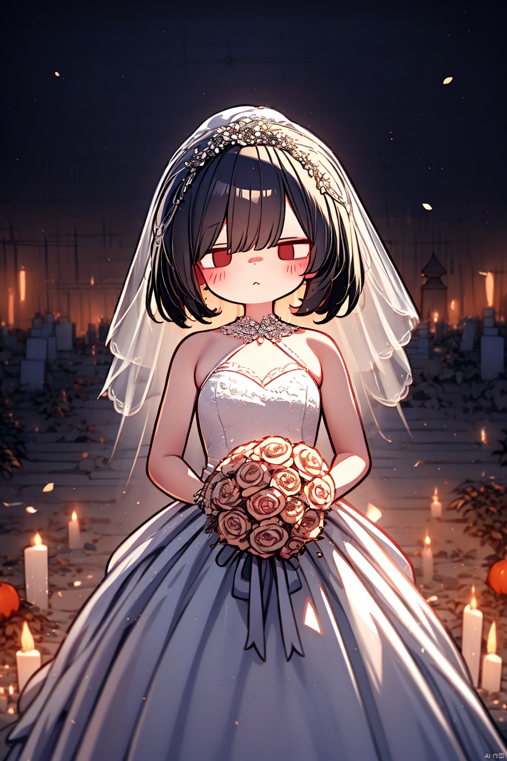  Skeleton Bride, Holding flowers in the hand, Wearing a wedding dress, Wait at the cemetery, So many details., hell, blackmagic, macron, solid eyes, xinniang, 80sDBA style