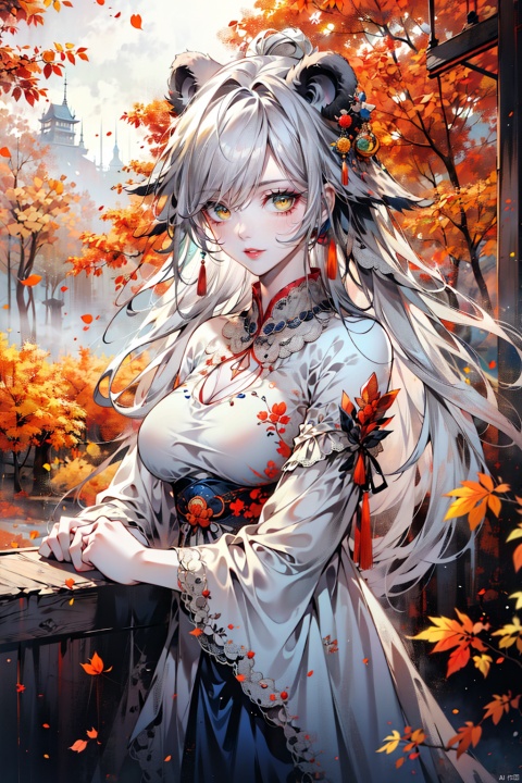  1girl,in white drees, Autumn, fallen leaves, orange and red tone color, Maple leaf, forest,wood,jungle,prairie,desert,snowfield,
 pretty face, (photo realistic: 1.3) , Edge lighting, (high-detail skin: 1.2) , 8K ultra-hd, DSLR, high quality, high resolution, 8K, best ratio four fingers and one thumb, (photo realistic: 1.3) ((nude:0.67)), (boobs naked:0.8), ((nipples:0.8)), winterhanfu, eluosi,Perfect Fingers, Fashion Style,Random actions, FilmGirl, Wasteland age, blue shirt,blue skirt, windowsill, dunhuang,dress, hand101, Wqipao, Chinese lion dance