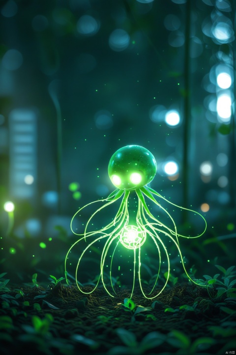 A mechanically composed octopus, alien technology, glowing green, massive body, suspended in the air of the city, sci-fi style