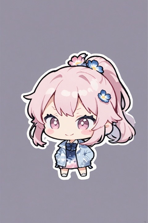 pink hair, chibi,  stickers, minimalist style , Tie dyeing,tie dyeing style,loli,petite,long hair,Jacket,high ponytail,collared shirt,hair flower,fipped hair,floating hair,Frown,hands in pockets,dress,bowtie,(solo),smile, solo