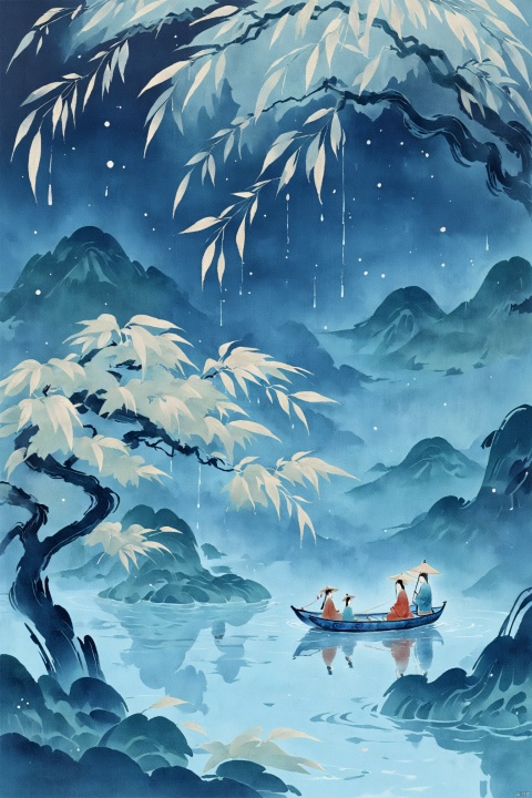 An ancient Chinese poem"A lush willow, The weeping willow hung on the water" is a poetic masterpiece With the rhythm of the water as its guide it sails into the night, side by side, The use of light green soft blue, tinted in Chinese red and muted earth tones creates a harmonious balance Depicted in The Tang Dynasty style