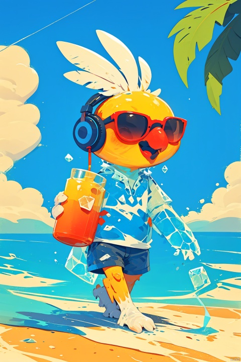  A piece of ice walking on the beach, anthropomorphic, wearing headphones, holding juice, Cockatiel\(IP\)