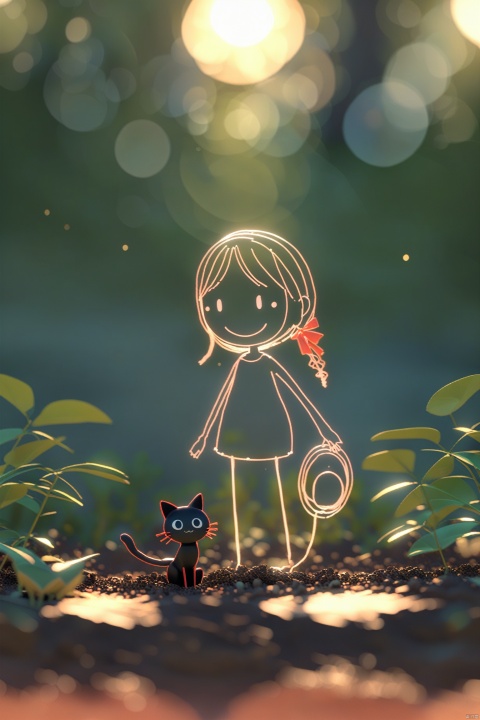3D character, 1 girl wearing a red bow, 1 black cat, Hayao Miyazaki style, handmade, 3D art, soft lighting, bright colors, blurred background, 3D rendering