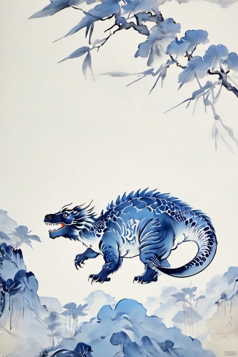  masterpiece,best quality,8k,cg,blue and white porcelain, 1 dinosaur