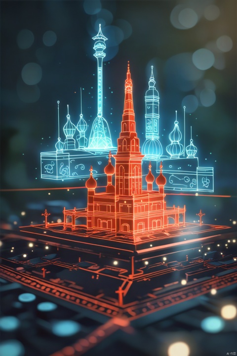 a wireframe hologram of red square in moscow russia with glowing blue lines forming intricate patterns around its iconic structure against an isolated dark background. the design showcases detailed architectural details and features, creating a visually stunning representation of ancient chinese architecture. this digital artwork is perfect for creative projects that need to convey both historical significance and futuristic technology, in the style of 8k