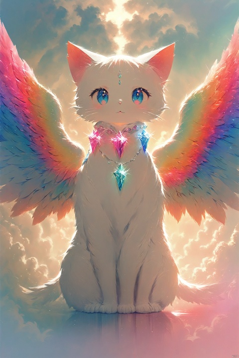  A white cat with blue eyes and a bow on his neck made of crystals and diamonds sits in front of a sky full of white fluffy clouds. The cat has angel wings behind its back in a cute, pastel colored, anime style. The image is high resolution and ultra detailed with bright, vibrant colors and soft lighting in the style of [Artgerm].