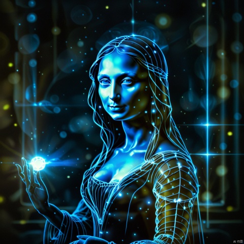 wireframe hologram of mona lisa with glowing blue lines forming intricate patterns around its iconic painting against an isolated dark background. the design showcases detailed details and features of the painting, creating a visually stunning representation of the figure. this digital artwork is perfect for creative projects that need to convey both historical significance and futuristic technology, in the style of 8k