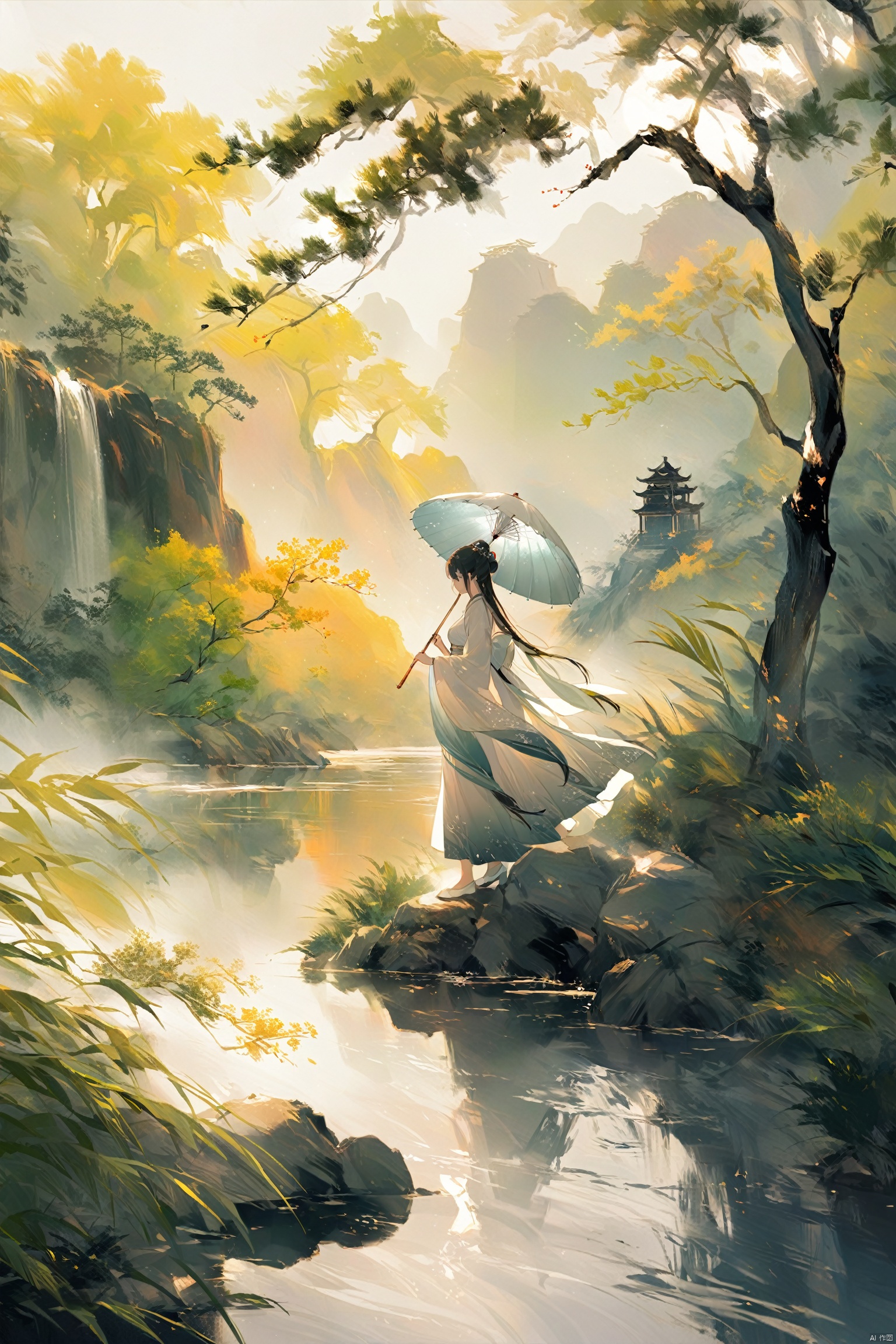  A girl in a white Hanfu stands on the flowing riverbank, holding an umbrella,Illustrated with a romantic river view, soft colors, high resolution, high details, delicate brushstrokes, natural lighting, peaceful atmosphere, ancient China, with a background of green trees, drizzle, high-definition details, depth of field effect, ink painting, texture frosting, diffuse gradient, romantic ancient style, excellent light and shadow, color curves, ananmo, (\shen ming shao nv\)