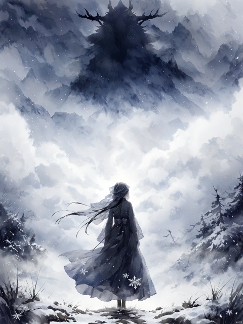 Amidst a raging blizzard, a solitary figure stands resilient in a snow-covered field, viewed from behind. The girl's silhouette is barely discernible through the thick veil of swirling snowflakes. Despite the intensity of the storm, there's an aura of serenity and strength emanating from her presence, as she stands amidst the chaotic beauty of the blizzard's embrace. The field of view captures the vastness of the wintry landscape, emphasizing the girl's solitary stance against the elements, more_details:-1, more_details:0, more_details:0.5, more_details:1, more_details:1.5, ananmo, watercolor