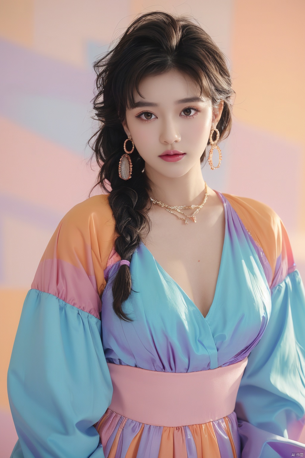 purple collar,  1girl, solo, cleavage, looking at viewer,Low cut evening gown,black hair, jewelry, closed mouth, earrings,lips, makeup, lipstick, portrait, French braid,realistic,exposure blend, medium shot, bokeh, (hdr:1.4), high contrast, (cinematic, teal and orange:0.85), (muted colors, dim colors, soothing tones:1.3), low saturation, 80sDBA style, Toodles Galore, Kolak_blk, gradient