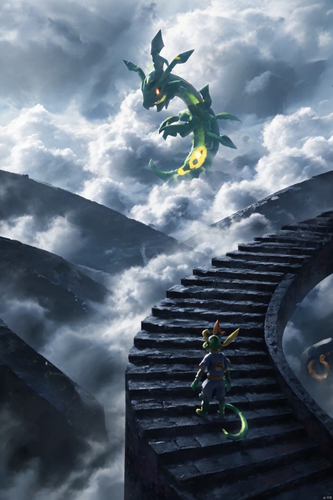 score_9, score_8_up, score_7_up, score_6_up,Pokemon Rayquaza,good background,anime,Endless Steps, Climbing stairs, CG, stairs, a head in the clouds, a large, scary, Pokemon Rayquaza creature in the distance