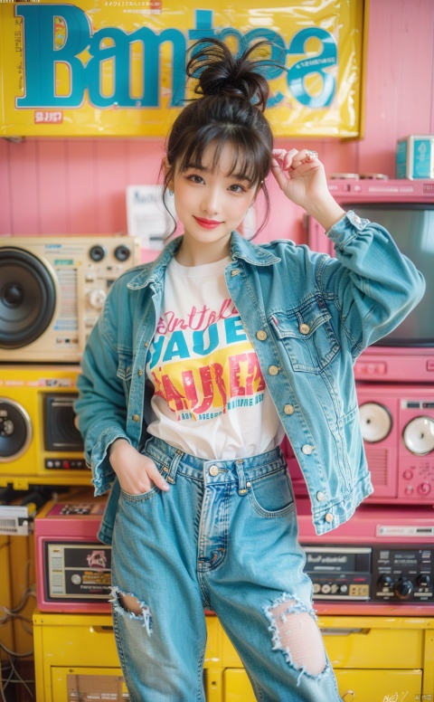  80sDBA style, Best quality, masterpiece, high-resolution, 4K, 1 girl, smile, exquisite makeup,shirt,jean,jacket , lace, fashion, (magazine: 1.3), (cover style: 1.3),tv,boombox
