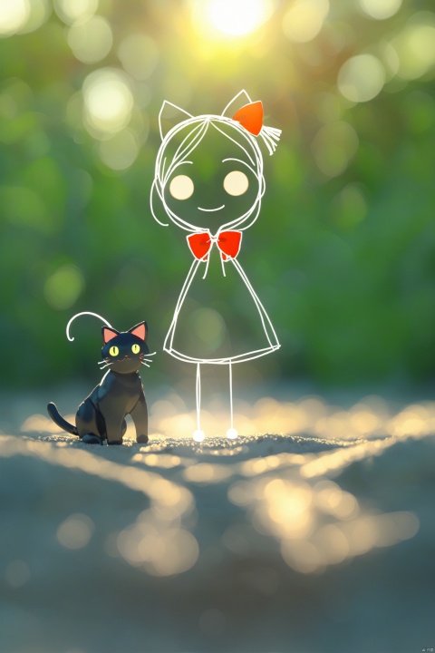 3D character, 1 girl wearing a red bow, 1 black cat, Hayao Miyazaki style, handmade, 3D art, soft lighting, bright colors, blurred background, 3D rendering