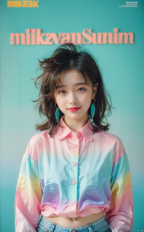  80sDBA style, fashion, (magazine: 1.3), (cover style: 1.3),Best quality, masterpiece, high-resolution, 4K, 1 children, smile, exquisite makeup,(Green and Cyan and Pink | Silk shirt, Gradient:1.2), lace

