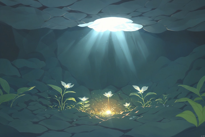  cartoon,inside the cave, inside the cave, opened in the ceiling A small flower illuminated by the rays of light coming through the hole, distant view