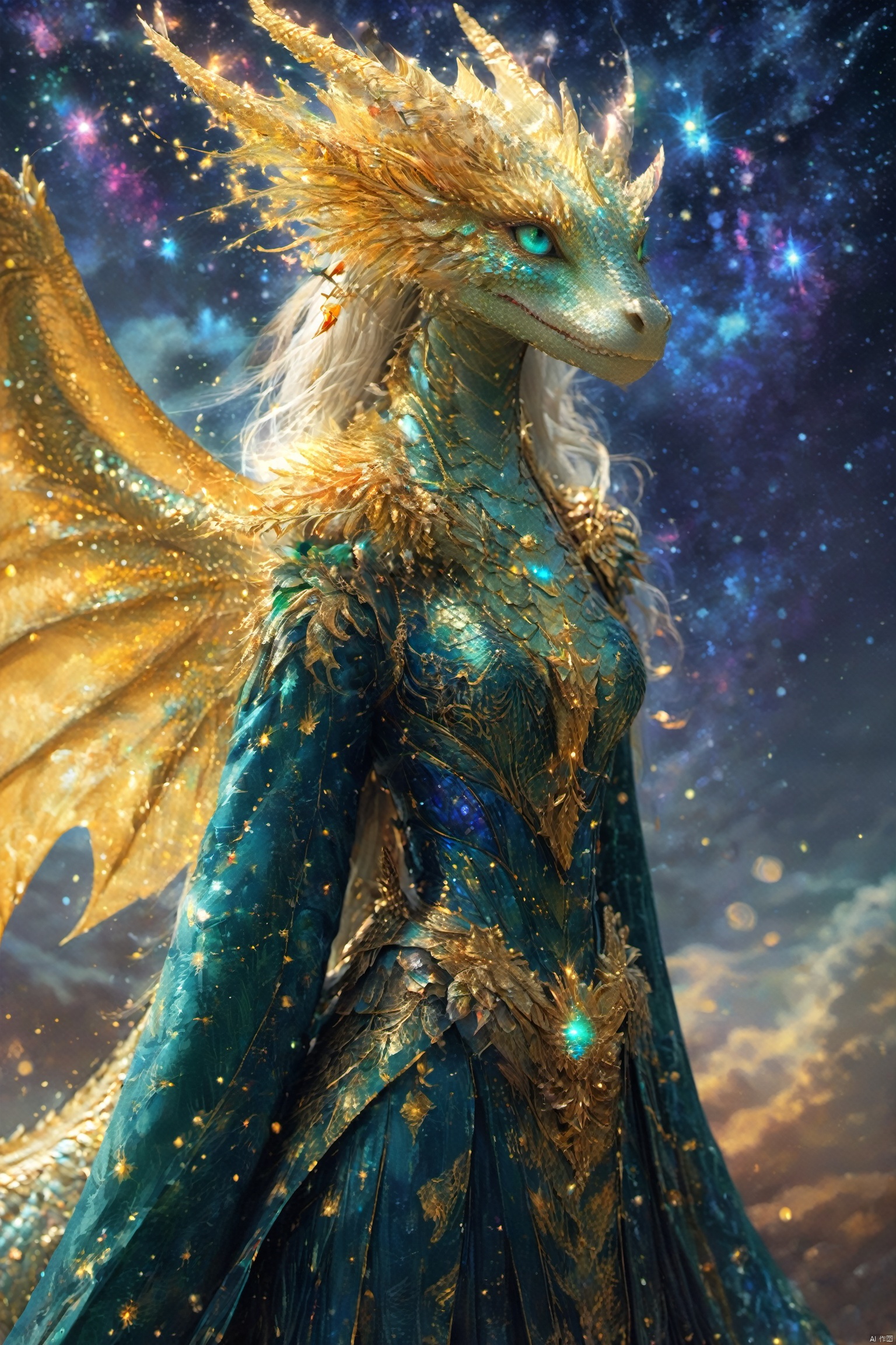 1girl, Dragon head decoration, wing, sitting on the throne, golden scales and a regal aura, His eyes are laser eyes that emit gamma rays, exuding a majestic aura. He exudes a regal demeanor, exuding a domineering aura, sturdy, (Van Gogh's starry night), dreams, art, illustrations,Create a dreamlike starry background,