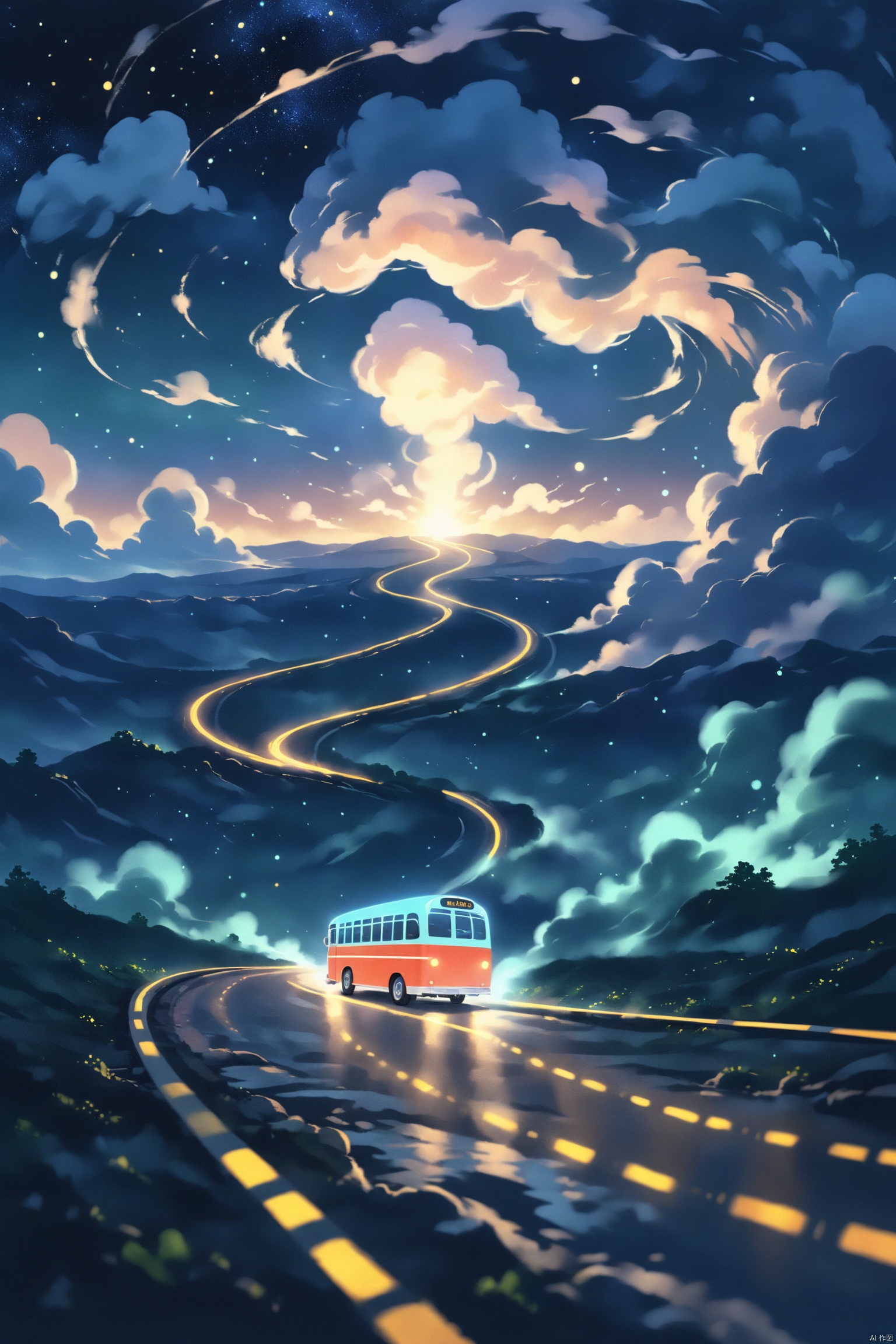 Surrealism Dream Style,glowing neon color,highly detailed,ultra-high resolutions,32K UHD,IMAX,best quality,masterpiece,at night,clouds,
vintage bus, driving on the highway, painting the gate with light, crossing time and space, clouds, smoke, mystery,
