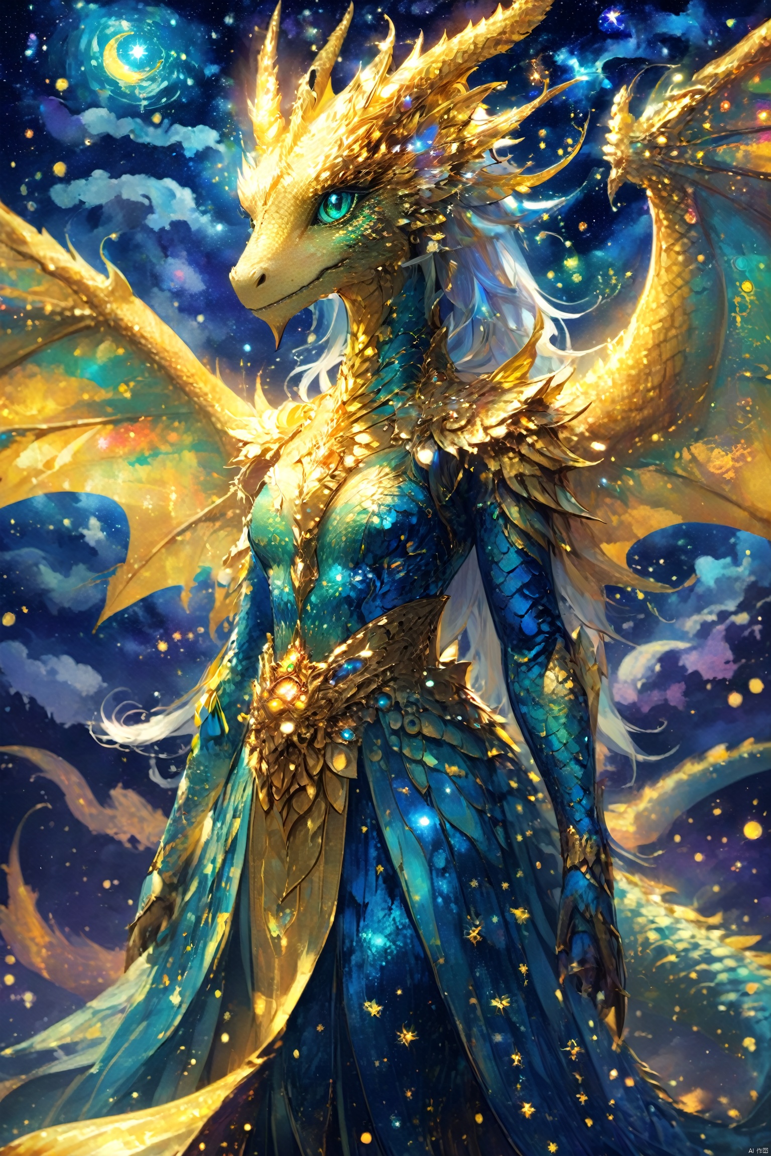 1girl, Dragon head decoration, wing, sitting on the throne, golden scales and a regal aura, His eyes are laser eyes that emit gamma rays, exuding a majestic aura. He exudes a regal demeanor, exuding a domineering aura, sturdy, (Van Gogh's starry night), dreams, art, illustrations,Create a dreamlike starry background,