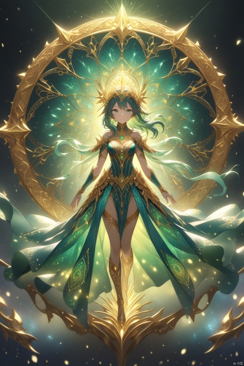 a meticulously crafted portrayal of a fantasy girl adorned in vibrant teal, emerald, and gold hues. Quantum dots dance across its fur, mirroring energy levels through swirling cosmic gold patterns. The composition includes elements like pearly dewdrops, refraction diffraction, ferrofluid dynamics, asymmetrical polyhedra toys, ornate line tracings, and intricate details reminiscent of akashic records. The visual experience is enhanced by the use of octane render, culminating in a mesmerizing display featuring gold hieroglyphics. , MSI\(Monon\)