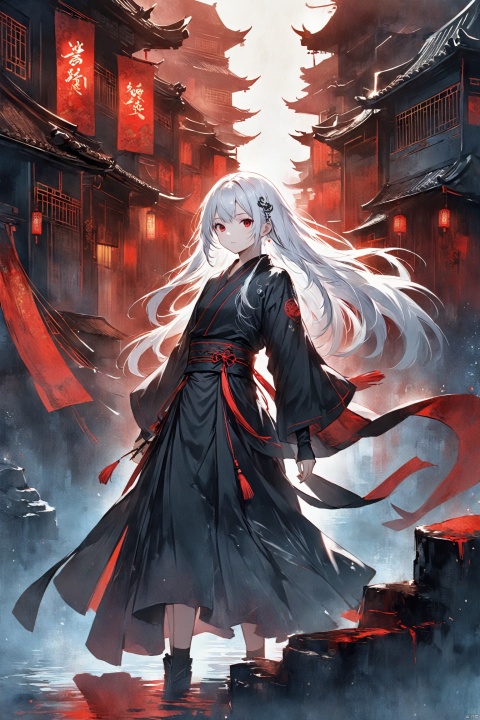 masterpiece, best quality, as7033, baiwe7033 style, The image portrays a figure with long, white hair that flows dynamically across the frame. Their attire appears to be a sleek, black outfit with hints of red, giving off an edgy, urban feel. The figure's posture is turned slightly towards the viewer, revealing more of their profile and back, In the background, there is an abstract cityscape illuminated in shades of crimson and scarlet. Digital or neon elements intermingle with traditional architecture, suggesting a futuristic metropolis. There are also Asian characters visible on signs, adding a cultural layer to the setting, The overall atmosphere is intense and somewhat ominous, heightened by the dramatic lighting and color scheme. The use of shadow and highlights adds depth and dimension to the character and the environment., MSI\(Monon\)