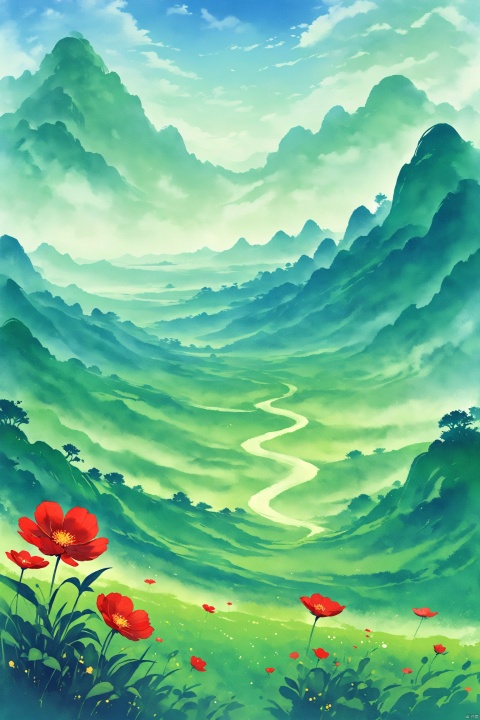 The horizon is vast, with green grass stretching to the sky, and the emerald color flowing to the distant horizon. In the boundless green space, everything grows and is full of vitality. In this vast expanse of greenery, a red flower quietly blooms