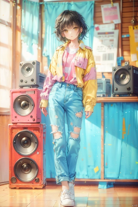  ((Masterpiece)), ((Best Quality)),80sDBA style, 1girl, solo, looking at viewer, short hair, brown hair, shirt, long sleeves, brown eyes, jewelry, standing, jacket, parted lips, open clothes, striped, pants, bracelet, torn clothes, feet out of frame, denim, instrument, pink shirt, yellow shirt, jeans, blue pants, pink jacket, print shirt, torn pants, speaker, torn jeans
