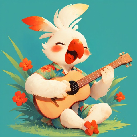  Cockatiel\(IP\), masterpiece, best quality,chibi,  
solo, smile, open mouth, shirt, holding, sitting, full body, closed eyes, flower, short sleeves, heart, no humans, ^ ^, bird, floral print, happy,red flower, instrument,music, guitar, playing instrument, green background, hawaiian shirt, acoustic guitar