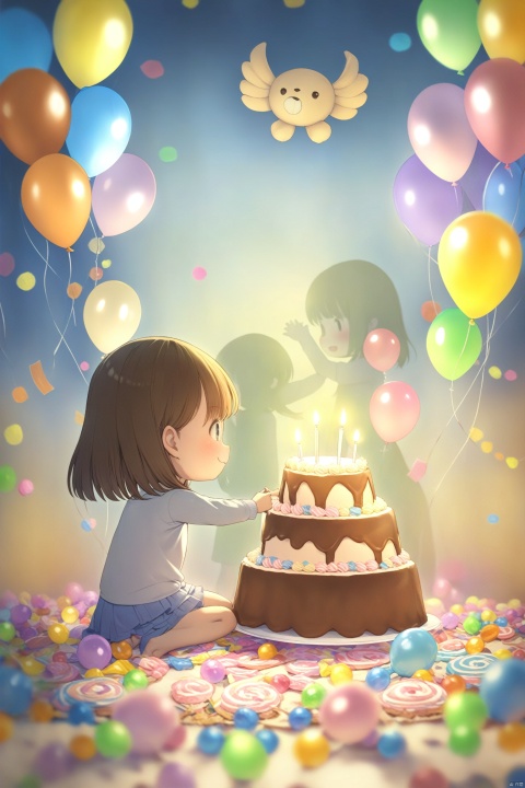  A cute photo of a little girl sitting on colorful candy,surrounded by birthday decorations such as balloons,cakes and candy,the scene should be full of bright colors and interesting elements to attract the attention and excitement of children's photography,(masterpiece:1.2),best quality,masterpiece,highres,original,extremelydetailed wallpaper,perfectlighting.(extremely detailed CG:1.2)drawing,paintbrush,