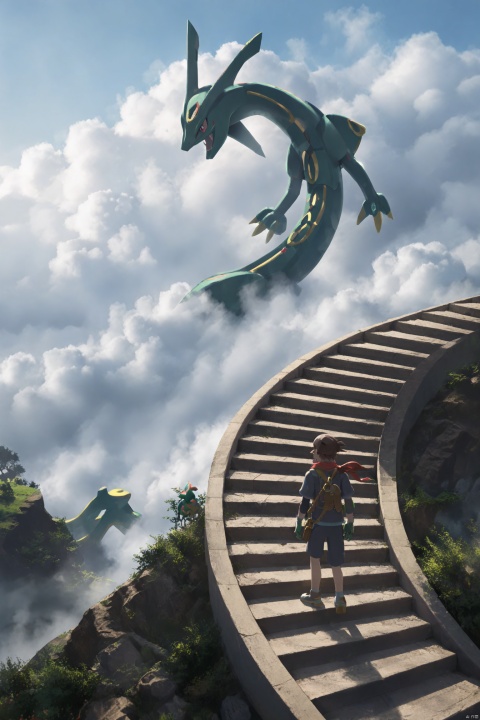 Pokemon Rayquaza,good background,anime,Endless Steps, Climbing stairs, CG, stairs, brown hair, gloves, 1boy, hat, standing, jacket, short sleeves, outdoors, sky, shoes, cloud, signature, bag, from behind, pokemon \(creature\), cloudy sky, stairs, bandana, may \(pokemon\)