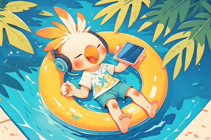 Cockatiel\(IP\), masterpiece, best qualityafloat,ball,beachball,cellphone,closed eyes,handheld game console,happy,holding,holding phone,innertube,island,leaf,nintendo switch,on back,open mouth,outdoors,palm leaf,palm tree,phone,pool,rowlet,shallow water,shirt,shore,short sleeves,shorts,smartphone,smile,soaking feet,solo,wading,wading pool,water,white shirt,beak,headset,Orange Crown