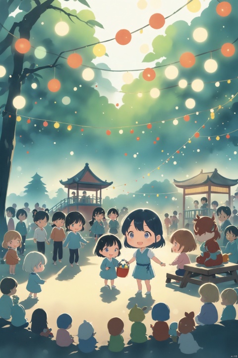 A whimsical illustration of a little girl playing in a playground with a few friends, surrounded by many children playing with toys, the illustration style is reminiscent of Japanese anime, the characters have cartoon-like features, the party holiday decoration scene blends into Japanese anime Stylish decorative elements