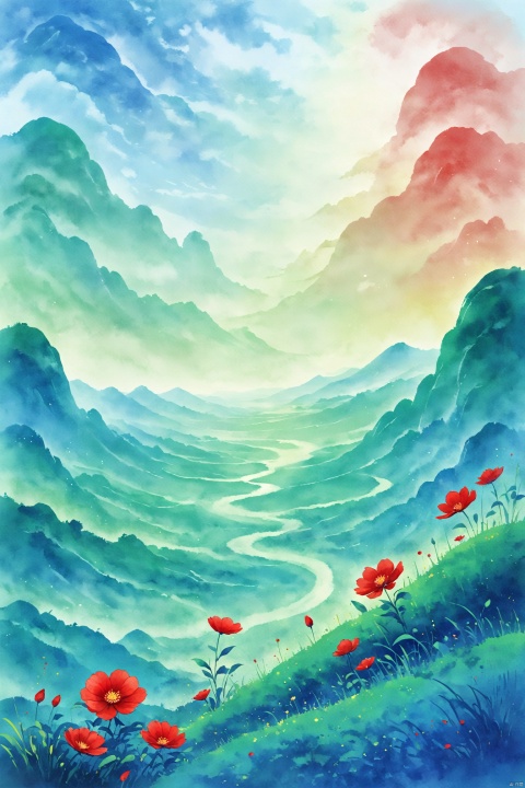 blue theme,tie dyeing,The horizon is vast, with green grass stretching to the sky, and the emerald color flowing to the distant horizon. In the boundless green space, everything grows and is full of vitality. In this vast expanse of greenery, a red flower quietly blooms