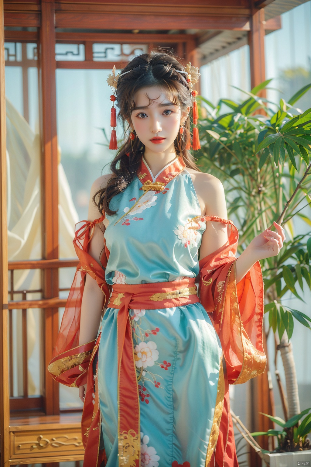  ((poakl)), best quality, masterpiece, ultra high res,1girl, gigantic_breasts, looking at viewer,(see-through dress),bare shoulders,dress,qi pao,ancient Chinese street ,Chinese dress,, yosshi film, standing, one girls, chinese_clothes, Chinese costume, street, smiling, holding_wood_box , ganyu (genshin impact), 1girl, jujingyi, drakan_longdress_dragon crown_headdress, wunv, 80sDBA style,
