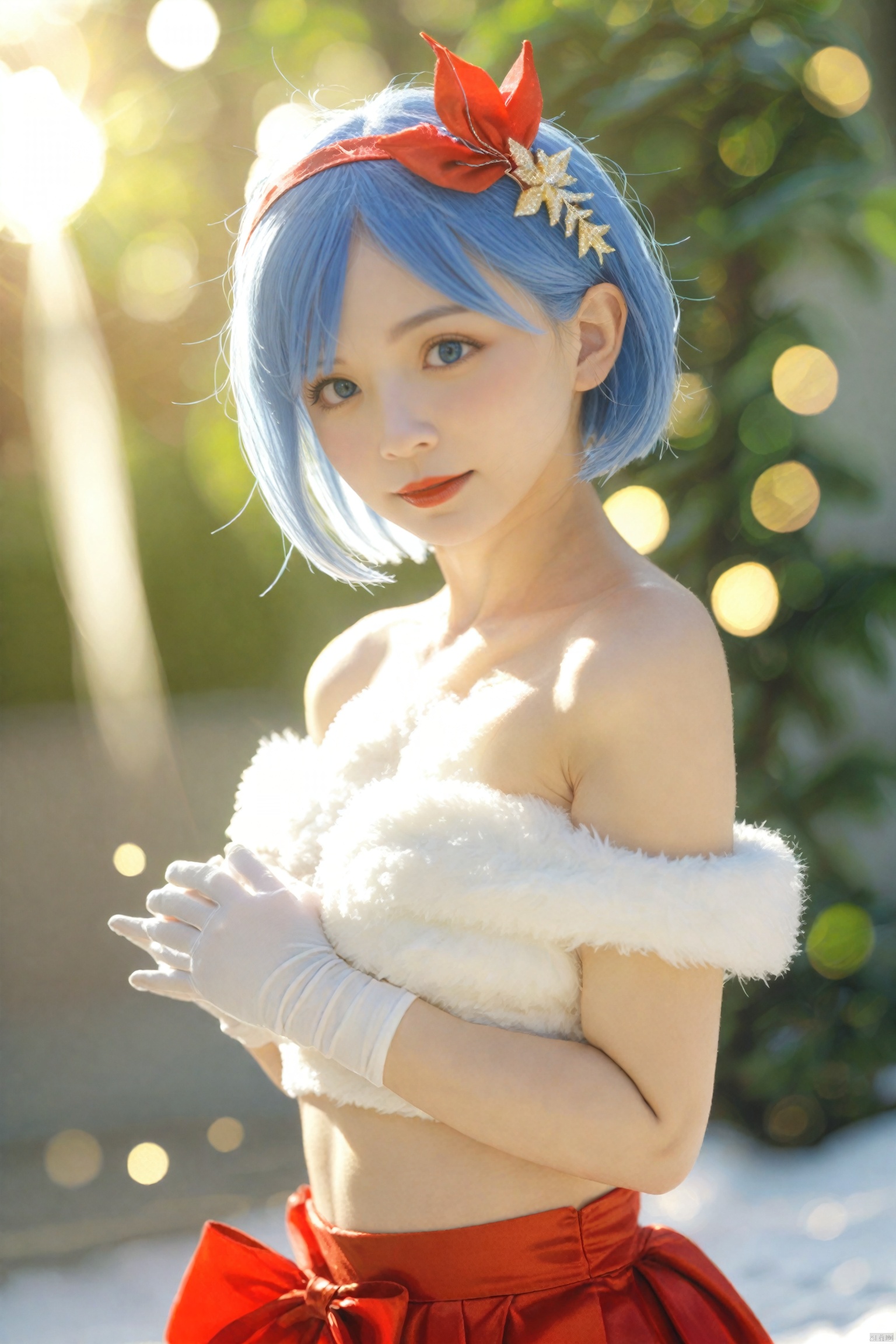 masterpiece,best quality,Realism,depth of field,lens_flare,loli,1girl, gloves, solo, blue hair, short hair, rem (re:zero), hair ornament, hair over one eye, white gloves, crown, looking at viewer, x hair ornament, realistic, upper body, red lips, ribbon, blurry, blue eyes, lips, own hands together, smile, from side, mini crown, bare shoulders, fur trim, lipstick, alternate costume, makeup, blurry background, bow, depth of field, christmas, closed mouth, nose, crop top, looking to the side