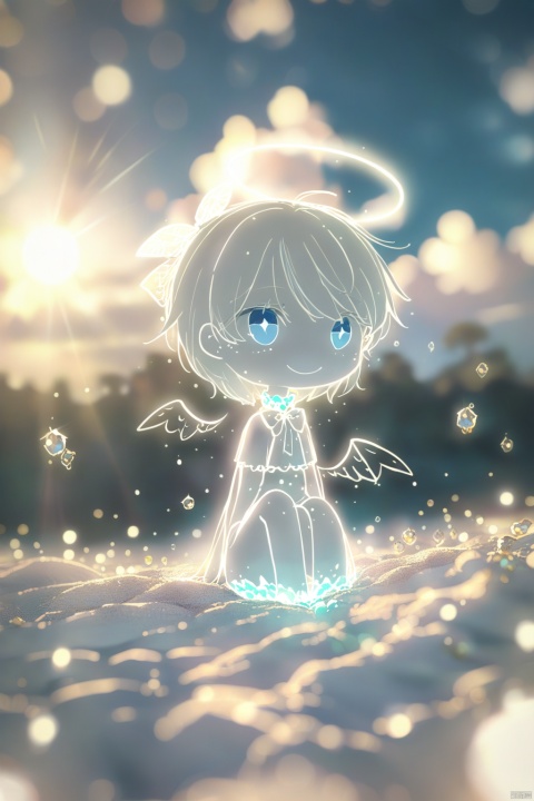  An angle with blue eyes and a bow on his neck made of crystals and diamonds sits in front of a sky full of white fluffy clouds. and a halo on her head. The angle has angel wings behind its back in a cute, pastel colored, anime style. The image is high resolution and ultra detailed with bright-line art